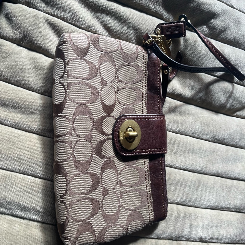 Coach Brown Leather Wristlet with Gold Accents